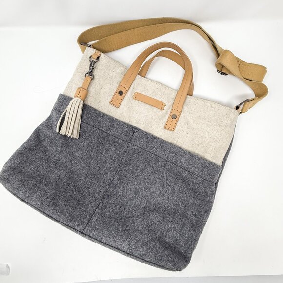 Sherpani Faith Messenger Crossbody Bag Gray Wool Tan Vegan Leather Soft Utility - Picture 3 of 14
